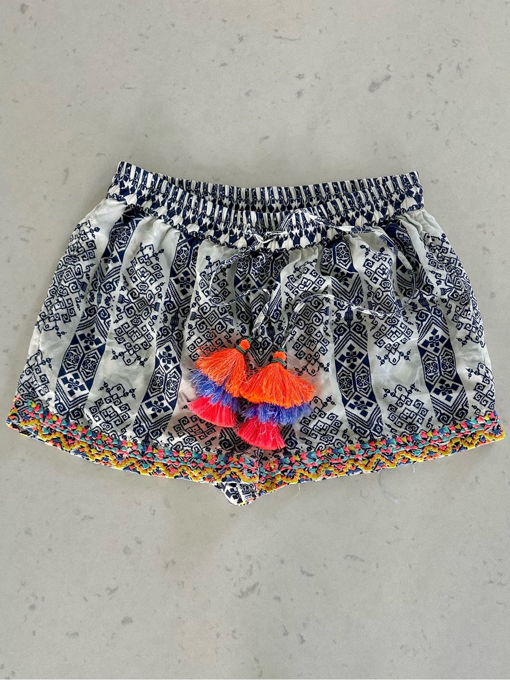 Rococo Sand Silk Boho Print Embroidered Trim with Tassel Resort wear shorts
